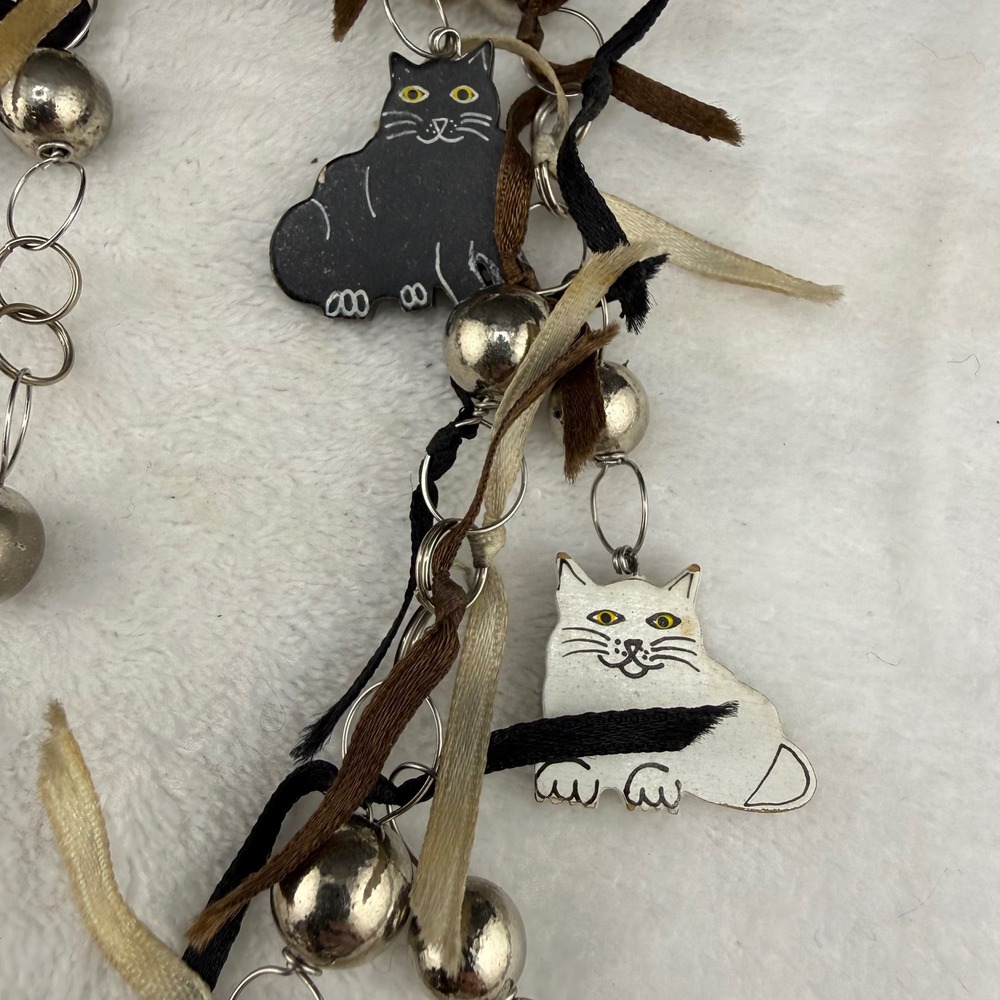 Vintage Cat Charm Necklace Silver Tone Wood Hand Painted Ribbon 32in